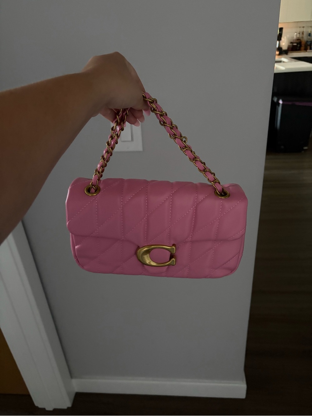 Women's Pink Quilted Shoulder Bag with Gold Chain